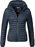 MARIKOO Damen leichte Übergangsjacke Steppjacke mit Kapuze Samtpfote Blau Gr. L