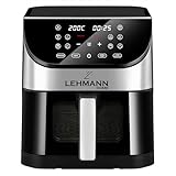 Lehmann Heißluftfritteuse 6L mit 10 Kochprogrammen, Friteuse Heissluft 1500 W und Temperaturkontrolle 76-200°C, Air Fryer mit Timer und digitalem LED-Touchscreen, ölfreies Braten