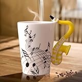 Keramik Kaffeetasse mit Saxophon Henkel, Musik Note Bedruckt Teetasse Geschenk Tasse Keramiktasse Kaffeebecher Für Musiklieber Musik Geschenk, 250ml, Gelb