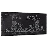 Graviertes Familienschild Türschild Namenschild Familie - frei wähl- und positionierbare Familienmitglieder, Haustiere, Dekoelemente - 30x15 cm - Laser Gravur auf Schiefer