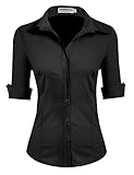 Hotouch Hemdbluse Schwarz Kurzarm Baumwolle Bluse mit Knopfleiste Klassische Bluse Business Tops Modern Arbeitshemd Schwarz L