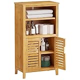 VIAGDO Badezimmerschrank Bambus, Badschrank mit 2 offenen Fächern und 2 Lamellentüren, Küchenschrank, multifunktional Schrank für Badezimmer, Wohnzimmer, Küche, Flur, 50 x 92,3 x 29 cm (B x H x T)