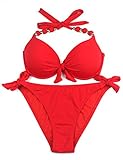 EONAR Damen Seitlich Gebunden Bikini-Sets Abnehmbar Bademode Push-up-Bikinioberteil mit Nackenträger, Rot, (Größe:44)80D/85C/85D/90C