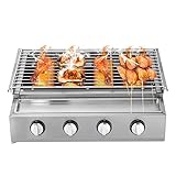 Gasgrill 4-Flammig 4 Brenner Silber Gasbräter BBQ Tischgrill Edelstahl Gastrobräter Große Grillfläche Temperaturregelung Tragbar Gas Grills für Gärten Balkon Camping