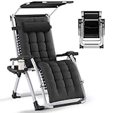 Huracan Sonnenliege Liegestuhl mit Dach, Gartenliege Wetterfest, Belastbar 200kg, Ergonomisches Polster, verstellbare Rückenlehne, mit Nackenkissen Getränkehalter Armpolster & Seitentasche, Schwarz