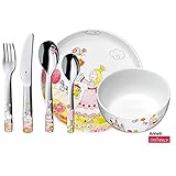 WMF Prinzessin Anneli Kinder Geschirrset 6-teilig, Kindergeschirr Porzellan Mädchen mit Kinderbesteck ab 3 Jahre, Cromargan Edelstahl poliert, spülmaschinengeeignet