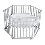 roba Laufgitter 6-eckig aus Holz natur - Höhenverstellbar - inkl. Einlage Sternenzauber - Mobiler Laufstall mit Bremsrollen - Holz taupe