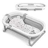 KikkaBoo Babybadewanne WILLY, Faltbares Design Mit Temperaturanzeige & Weichem Badekissen, Rutschfeste Beine, Platzsparend & Leicht, BPA-frei, Für Neugeborene 0-36 Monate, Grau