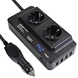 Weishuo Auto Wechselrichter 12V auf 220V 230V 200W Spannungswandler Kfz Zigarettenanzünder Steckeradapter Modifizierte Wellen Stromwandler mit 2 Steckdosen, 4 USB-Anschlüssen 4.8A und LCD-Display