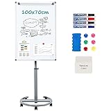 MAKELLO Flipchart 70x100cm Mobiles Whiteboard auf Rollen, Magnetisch Trocken Abwischbar, Höhenverstellbar, Rundfuß, Flip Chart Board für Büro