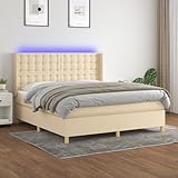 OHOOWOO Boxspringbett mit Matratze & LED Creme 160x200 cm Stoff,Traumhafter Schlafkomfort: Boxspringbett mit Matratze, LEDBeleuchtung und höhenverstellbarem Kopfteil