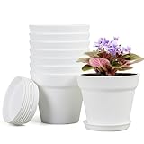 Homeuouz 8 Packs Blumentopf mit Untersetzer, 10cm Pflanzentopf, Plastik Übertopf mit Mehrere Ablauflöchern, Hydrokultur Topf, Blumentöpfe Set Ideal für Innen und Balkongärten,Weiß