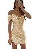 petyoo Kurzes Kleid mit Pailletten und Schlitz für Teenager 2024, schulterfrei, glitzernd, eng, Mini-Abschlussballkleid, Cocktail-Partykleid, Champagner, 36