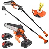 2 in 1 Akku Hochentaster 6 Zoll Mini Kettensäge, Elektro Teleskop Astsäge mit 2×1.5Ah 21V Akku & Ladegerät, Arbeitshöhe bis 4.2M, Gartenscheren Astschere Holzschneidenz Motorsäge mit Ölsystem