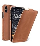 Edle Tasche für Apple iPhone XS und iPhone X / Case Außenseite aus Echt-Leder / Schutz-Hülle aufklappbar / Flip-Case / Etui im Vintage Look / ultra-slim / Cover Innenseite aus Textil / Braun