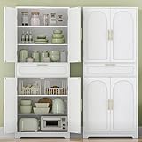 Hzuaneri Küchenschrank, Hochschrank mit 4 Türen, Sideboard mit 1 großen Schublade, Buffetschrank, Esszimmerschrank, Verstellbaren Ablagen, für Esszimmer, Küche, Wohnzimmer, Weiß PT18103X