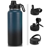 LKEVREG Edelstahl Trinkflasche 1L, Thermosflasche mit Strohhalm (+3 Deckel), Isolierte Wasserflasche, BPA-Frei, Kohlensäure geeignet, Auslaufsichere Isolierflasche für Sport, Outdoor, Indigo Schwarz