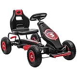 HOMCOM Gokart, Kinderfahrzeug mit verstellbarem Sitz, Tretfahrzeug mit Gummireifen, Pedal und Handbremse, Kettcar für 5-12 Jahre Kinder, Outdoor, Rot+Schwarz