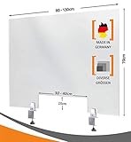MyMaxxi | Spuckschutz Trennwand Acrylglas 5mm glasklar Schreibtisch mit Klemmhalter 100x70 cm mit Durchreiche | transparenter Tisch Aufsteller | 5mm dick | Selbststehend | Hygieneschutzwand