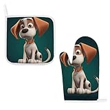 Ofenhandschuhe und Topflappen mit Cartoon-Hund, 2er-Set, unverzichtbar für die Küche, Backhandschuhe mit stilvollem Druck, hitzebeständige Ofenhandschuhe zum Kochen, Grillen, Einweihungsgeschenke