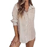 Gestreifte Button-Down-Shirts für Damen, Business, Freizeit, langärmelig, Tunika, Blusen 2025, Herbstmode, lockere Passform, formelle Hemden, khaki, M