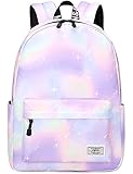 Lohol Leichter Schulrucksack für Mädchen, Kinder-Schulranzen-Rucksack mit Galaxie Aufdruck (Grün&Lila)