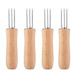 4 Stücke Holzgriff Edelstahl BBQ Fleisch Obst Gabeln Grillspieße Schaschlikspieße Pellkartoffelgabeln Grill Mais Halter Set