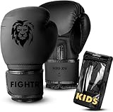 FIGHTR® Kinder Boxhandschuhe mit bestem Sitz für maximalen Schutz | Junior Jungen und Mädchen | für Boxen, MMA, Muay Thai, Kickboxen & Kampfsport 04 06 oz | inkl. Tragetasche (All Black, 06 oz)