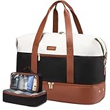 LOVEVOOK Reisetasche Damen, Sporttasche Weekender Handgepäck Tasche Für Flugzeug, Kliniktasche Geburt, Garment Duffle Bag Travel Bag mit Kulturtasche Schuhfach, Beige Braun Schwarz