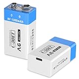 9V wiederaufladbare Lithium-Batterien, 1300mAh 6F22-Batterien mit hoher Kapazität für Rauchmelder, Metalldetektoren, Mikrofone und mehr（2 Pack ）