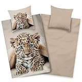 Aminata kids Bettwäsche 135x200 80x80 Leopard Safari Tiermotiv Baumwolle Kinder Jugend Wende Bettbezug Jungen Mädchen Beige Öko-Tex Leopardenbaby