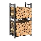 Kaminholzregal Metall für innen, Brennholzregal Feuerholzregal mit 4 Haken für Kamin & Ofen, Kaminholzständer mit 2 Ablagen, Kaminholzlager Innen & Außen, 44 x 30.5 x 82 cm
