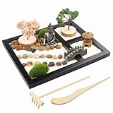 porlik Japanischer Zen-Garten für den Schreibtisch, Mini-Zen-Garten mit Sand, künstliche Bonsai-Baum, Felsen, Rechen und Zubehör (Buddha-Statue)