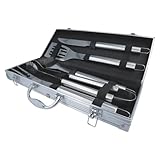 EUROHOME Grillbesteckkasten 5-teilig - Hochwertiges Grillbesteck im Aluminiumkoffer - Koffer 44 x 17 x 7 cm - Grillset - Edelstahlbesteck Zange, Wender, Gabel, Messer, Reinigungsbürste