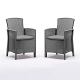 Gartenstühle 2er Set wetterfest - Outdoor Sessel in Rattan Optik - 2 Stühle aus Polypropylen - Gartenstühle mit Rücken - 2X Gartensessel mit Sitzkissen - für Garten, Terrasse & Balkon - Anthrazit