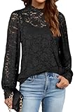 LAISHEN Bluse Damen Langarm Spitzen Oberteiel Casual Elegant Mock Neck Langarmshirt mit Separate Cami 2 Pcs Set Outfit Schwarz,L