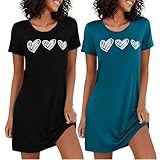 Marvmys 2er Nachthemd Damen Kurzarm Schlafshirt Baumwolle Printed Sleepshirt Sommer T-Shirt Schlafhemd Frauen Nachtwäsche Schlafkleid