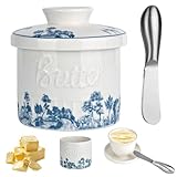 Rzspher Butterglocke Keramik mit Buttermesser, Französische Butterdose mit Deckelf, Wassergeühlte Butterdose mit Wasserlinie zur Aufbewahrung von Frischer, Weicher, Verzehrfertiger Butter