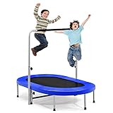 COSTWAY 2 Personen Trampolin mit höhenverstellbarm Haltegriff, Mini Trampolin bis 150kg belastbar, Kindertrampolin klappbar, Gartentrampolin für Kinder und Erwachsene (Blau)