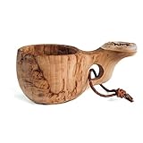 Finnische Kuksa Holztasse aus Maserbirke mit Ren-Horn Applikationen (Lachs-Motiv), Handgefertigte Lappland-Tasse, der nordische Wander & Outdoor-Becher aus Skandinavien mit Lachs-Verzierung