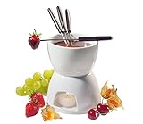 Cilio Schokoladenfondue 6-tlg. , Schokoladen-Fondue-Set aus feuerfestem Hartporzellan , ø 12 cm , Inkl. Fonduetopf, Rechaud, 4 Fonduegabeln und 1 Teelicht , zum Eintauchen von Obst, Weiß