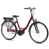 TRETWERK - 28 Zoll E-Bike - Damen City Bike - Stella - Pedelec Damenfahrrad mit 7 Gang Shimano Nexus Nabenschaltung - E-Trekking Elektrofahrrad mit Mittelmotor 250W 36V 468Wh 60Nm - rot 49 cm