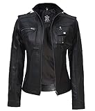 Leichte Damen-Motorradjacke aus echtem Lammfell, kurze Bikerjacken, Tavares Damen Lederjacke, Schwarz, 48