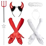 iZoeL Karneval kostüm Damen Mädchen, Haarreifen Teufelshörner Teufelsohren + weiß Heiligenschein Handschuhe Teufelheugabel Zauberstab Teufel Kostüm Accessorie Karneval Fasching Halloween