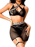 EHSUYAB 4 Stück Strappy Dessous, Criss Cross Halter, hohe Taille Rock Strumpfband, Schwarz, 4-6