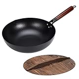 Zjyufy 33 cm Antihaft-Wok, Bratpfanne mit Holzdeckel, flacher Boden, Induktions-Wokpfanne für Induktion, Elektro, Gas, Halogen, alle Herde, keine chemische Beschichtung