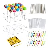 WWYSSZ 2 Stück Cake Pops Ständer, 20 Löcher Klar Lutscher Lollipop Halter mit 100 Cake Pop Stiele, 20 Bunte Schleifen,100 Twist Krawatten,100 Lollipop Tüten,für Süßigkeiten Hochzeit Geburtstag Backen