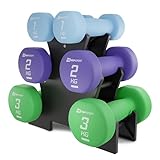 Hop-Sport Hanteln Set mit Hantelständer, Kurzhanteln - 2 x 1 kg, 2 x 2 kg, 2 x 3 kg, Hanteln aus Gusseisen - mit Neopren überzogen- grün,lila,blau