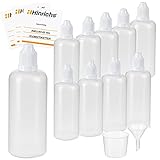 Hinrichs 10 x 100ml Liquid Flaschen mit Trichter, Messbecher und Etiketten - Leere Quetschflasche zum Mischen, Nachfüllen & Dosieren - Tropfflasche Squeeze Bottle - Dosierflasche klein Set