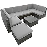 TecTake 800762 XXL Poly Rattan Sitzgruppe Venedig, 6 Sitze 1 Tisch 1 Hocker mit Edelstahlschrauben, extra Dicke Sitzkissen (Grau | Nr. 402698)